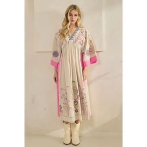 Blue Velvet | NWT Embroidered Boho Flowy Pink/Tan Maxi/midi Dress | Medium